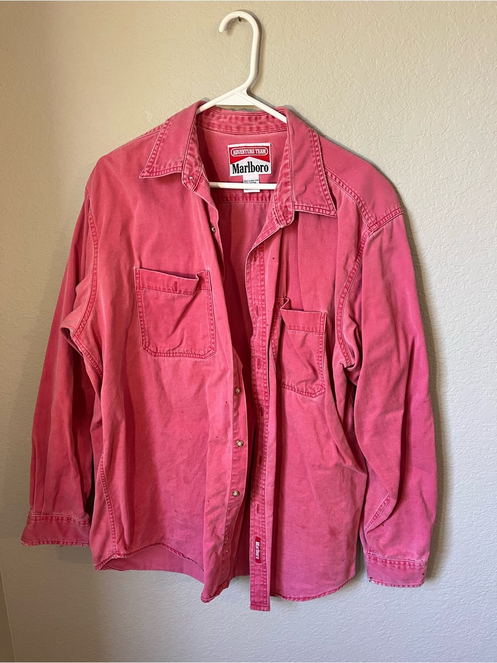 RARE Vintage Marlboro Adventure Team Faded Red Denim Shirt Large 90s Distressed